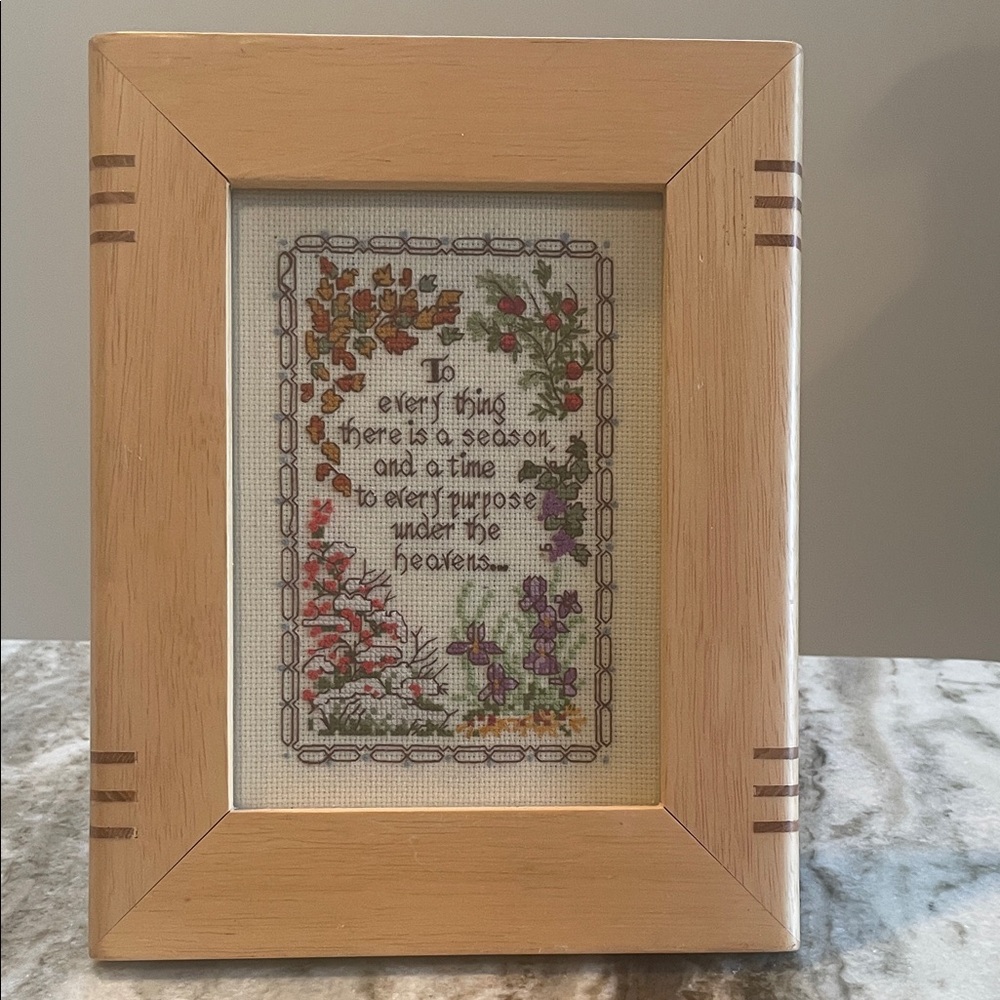 Source Unknown Natural Wood Framed Floral Cross Stitch Wall Art